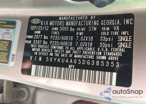 2013 Kia Sorento Ex из США, поврежденный, VIN 5XYKU4A65DG385353